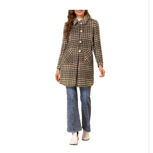 Allegra K Women's Casual Plaid Turn Down Collar Mid Length Woolen Overcoat Coffe - Picture 2 of 9